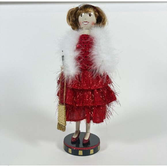 Nutcracker Village Flapper Figurine Red Dress Faux Fur Shawl Vintage - Picture 1 of 15